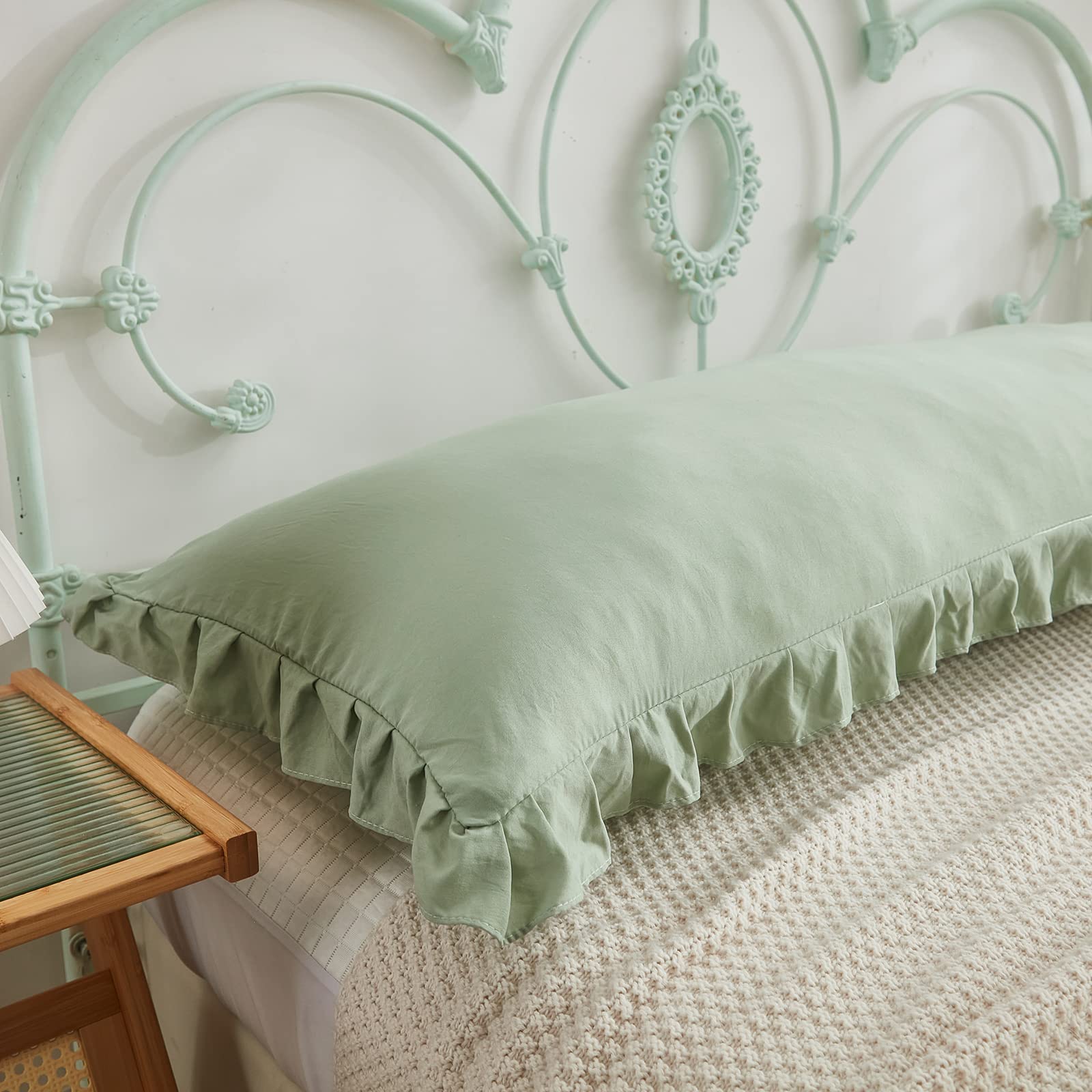 Sage Green Body Pillow Cover 20x54 Inches - Long Ruffled Pillowcase with Fringe, Shabby Chic Decor for Bedroom & Living Room - Soft & Cute Pillow Sham (1 Piece, Sea Green) - Perfect for Home Decor, Cozy Reading Nook, and Nursery Accent