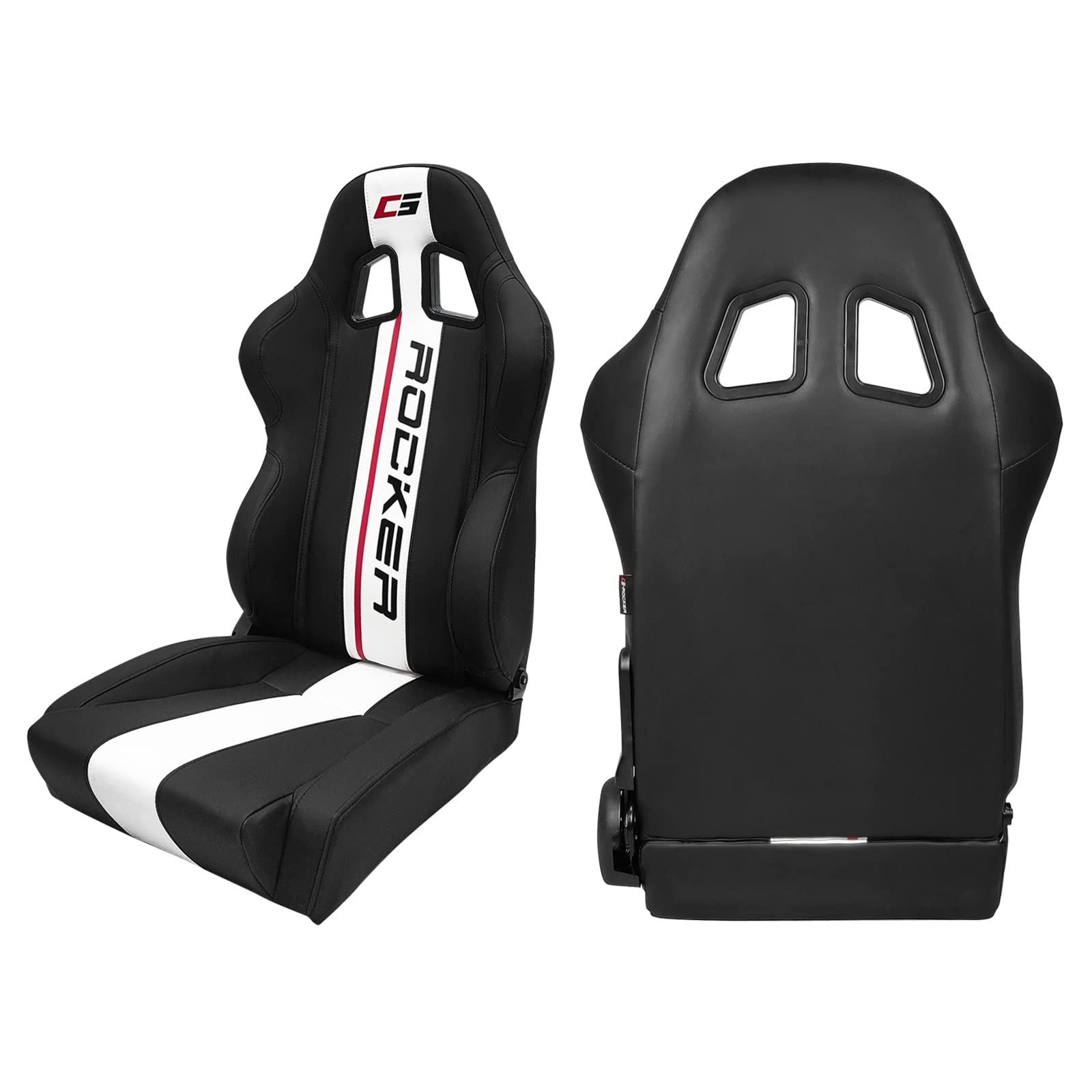 IKON MOTORSPORTS Universal Racing Seats - Reclinable Black PU Leather Bucket Seats with White Stripe & Dual Sliders (1 Pair Driver+Passenger, Flat Style) - Perfect for Sports Cars, Drifting & Track Racing