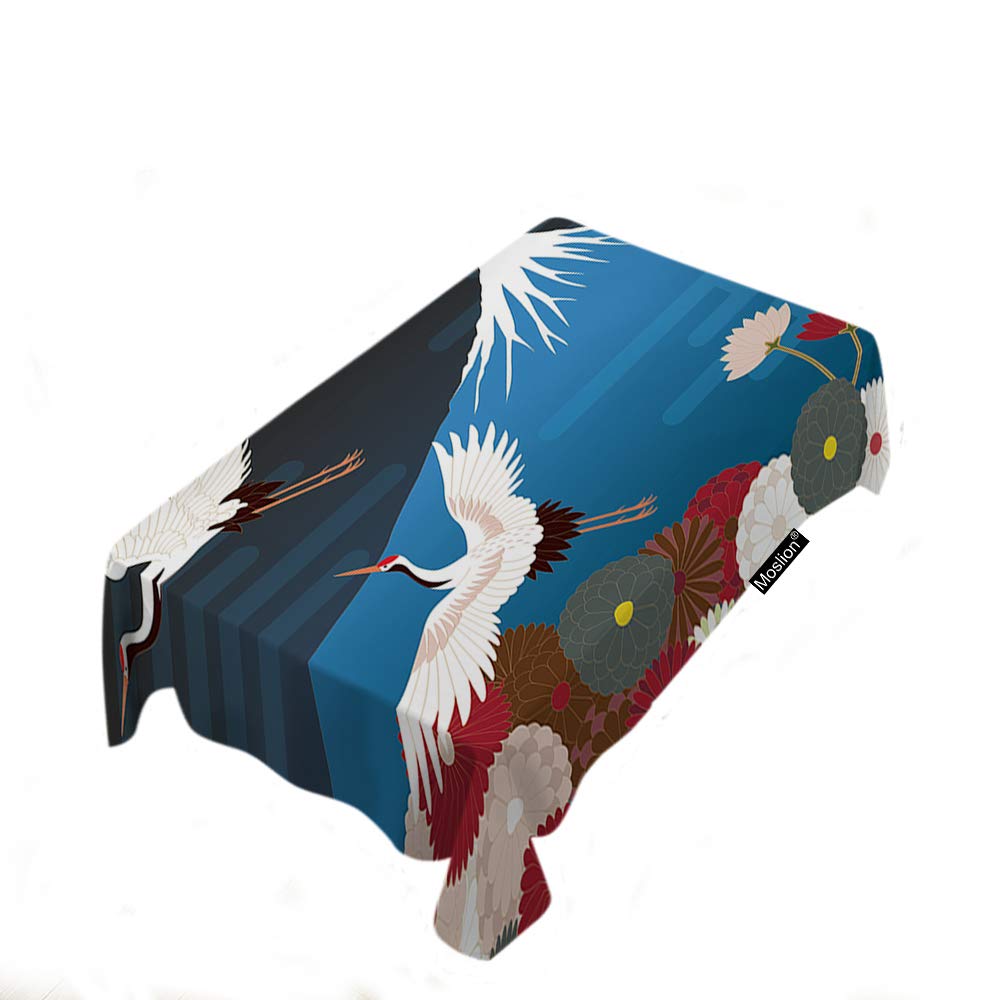 Japanese Crane & Chrysanthemum Floral Polyester Tablecloth 52x70 Inch - Waterproof Picnic, BBQ, Kitchen Dining Decor with Nature Scenes of Birds, Mountains & Moon