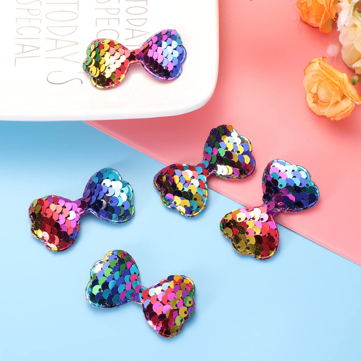 5pcs DIY Bowknot Hair Accessories with Sequin Mermaid Scale Patches - Perfect for Crafting, Party Decorations, and Kids' Costume Design