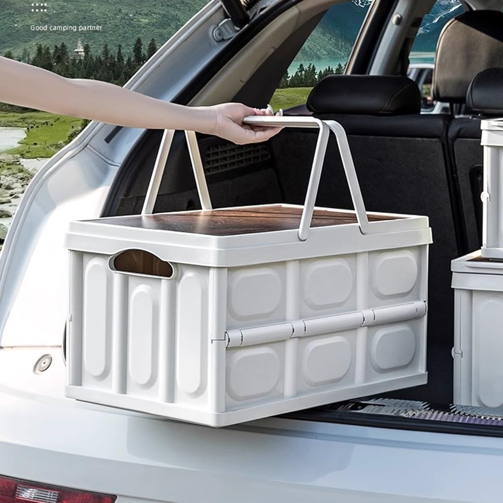 FLTRGO 50L Collapsible Storage Box with Wood Lid - Heavy Duty Folding Organizer for Camping, Picnic, Home & Closet - Portable Storage Solution for Outdoor Adventures & Indoor Organization