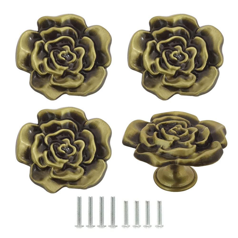 4 Pack Rose Flower Cabinet Knobs - Metal Flower Shaped Drawer Pulls with Screws, Zinc Alloy Single Hole Handle in Bronze Finish - Perfect for Kitchen Cabinets, Dressers & Home Decor