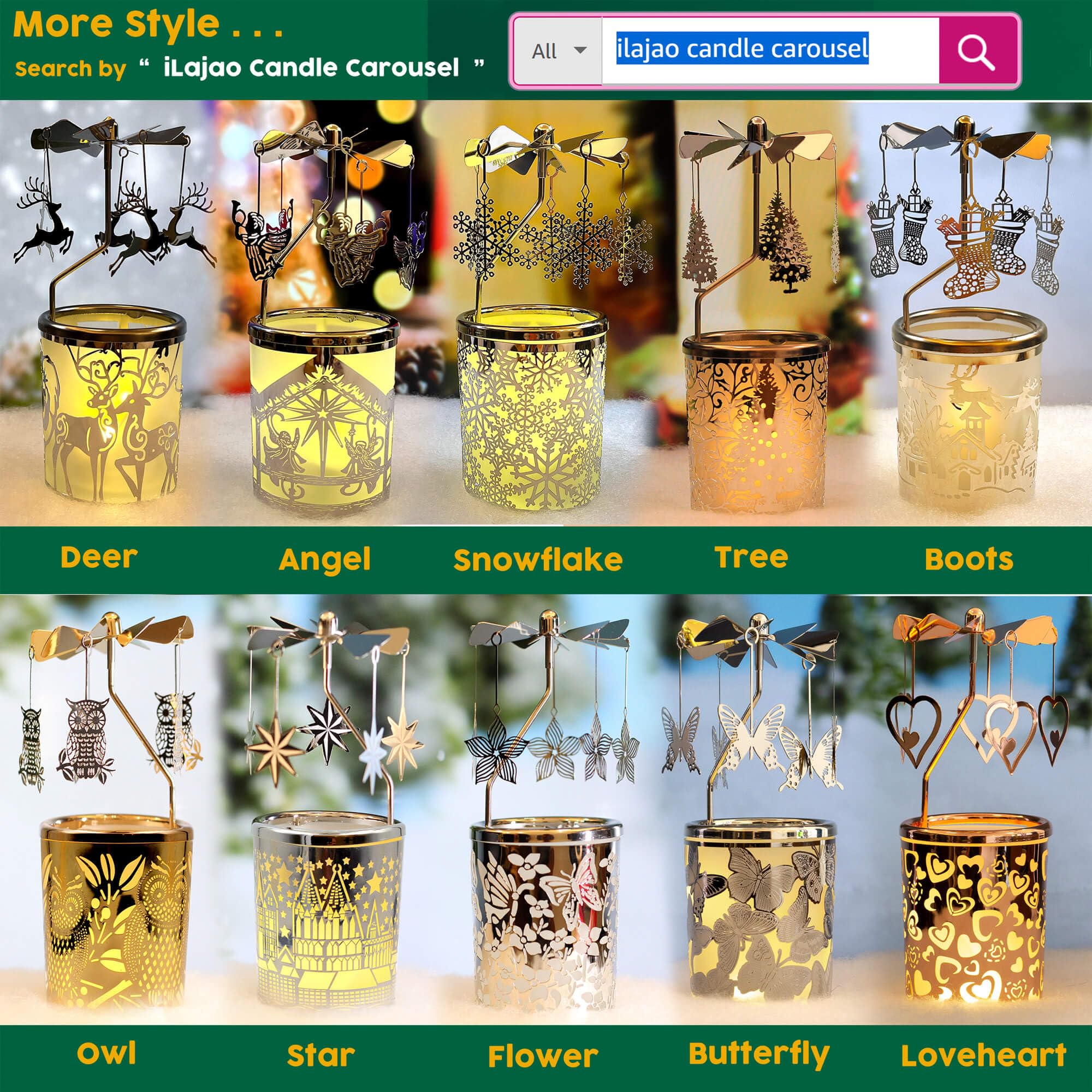 iLajao Metal Tealight Candle Carousel Holder - Rotary Spinning Christmas Decoration with Moravian Star Design for Holiday Tables, Valentine's & Easter Gifts | Perfect for Home Decor, Party Centerpieces & Festive Celebrations