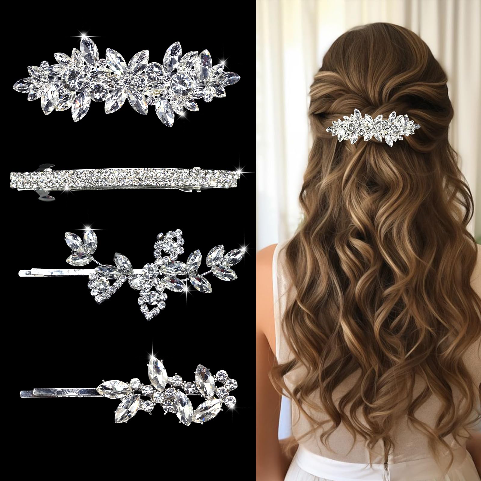 4Pcs Rhinestone Hair Clips - Silver Crystal Leaf Bobby Pins for Wedding, Bridesmaids & Flower Girls | Elegant Bridal Hair Accessories for Ceremony, Party & Special Occasions