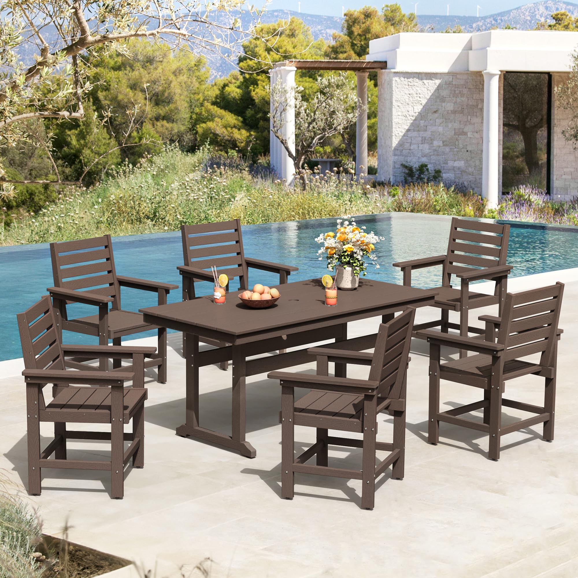 7-Piece HDPE Weather-Resistant Outdoor Dining Set with Umbrella Hole - Rectangle Patio Table & 6 Chairs for Balcony, Garden, Backyard (Dark Brown) | Perfect for BBQs, Family Gatherings & Outdoor Entertaining