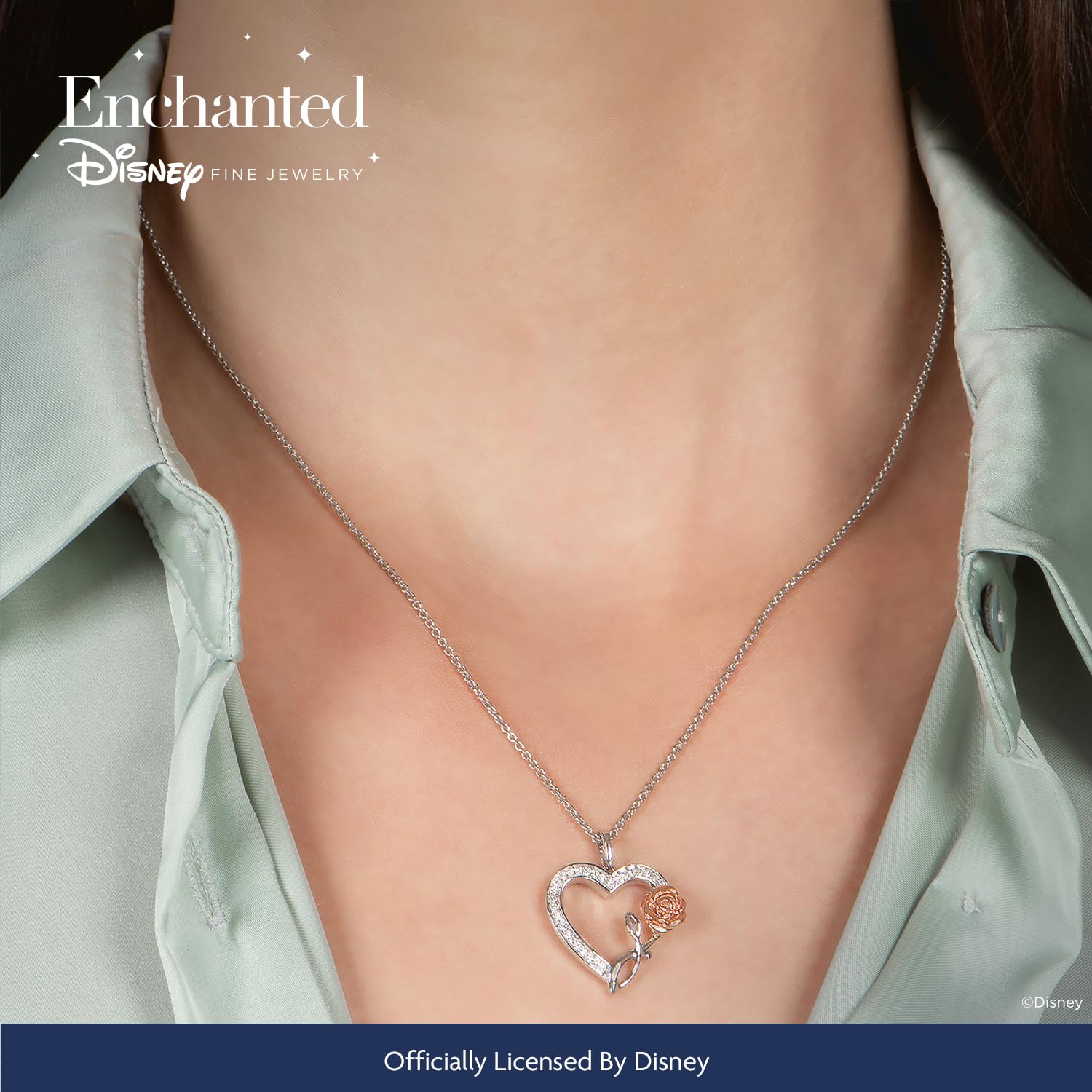 Enchanted Disney Belle Rose Heart Pendant - 10K Rose Gold & Sterling Silver with 1/6 CTTW Diamonds | Fine Jewelry Gift for Women | Perfect for Anniversaries, Birthdays & Special Occasions