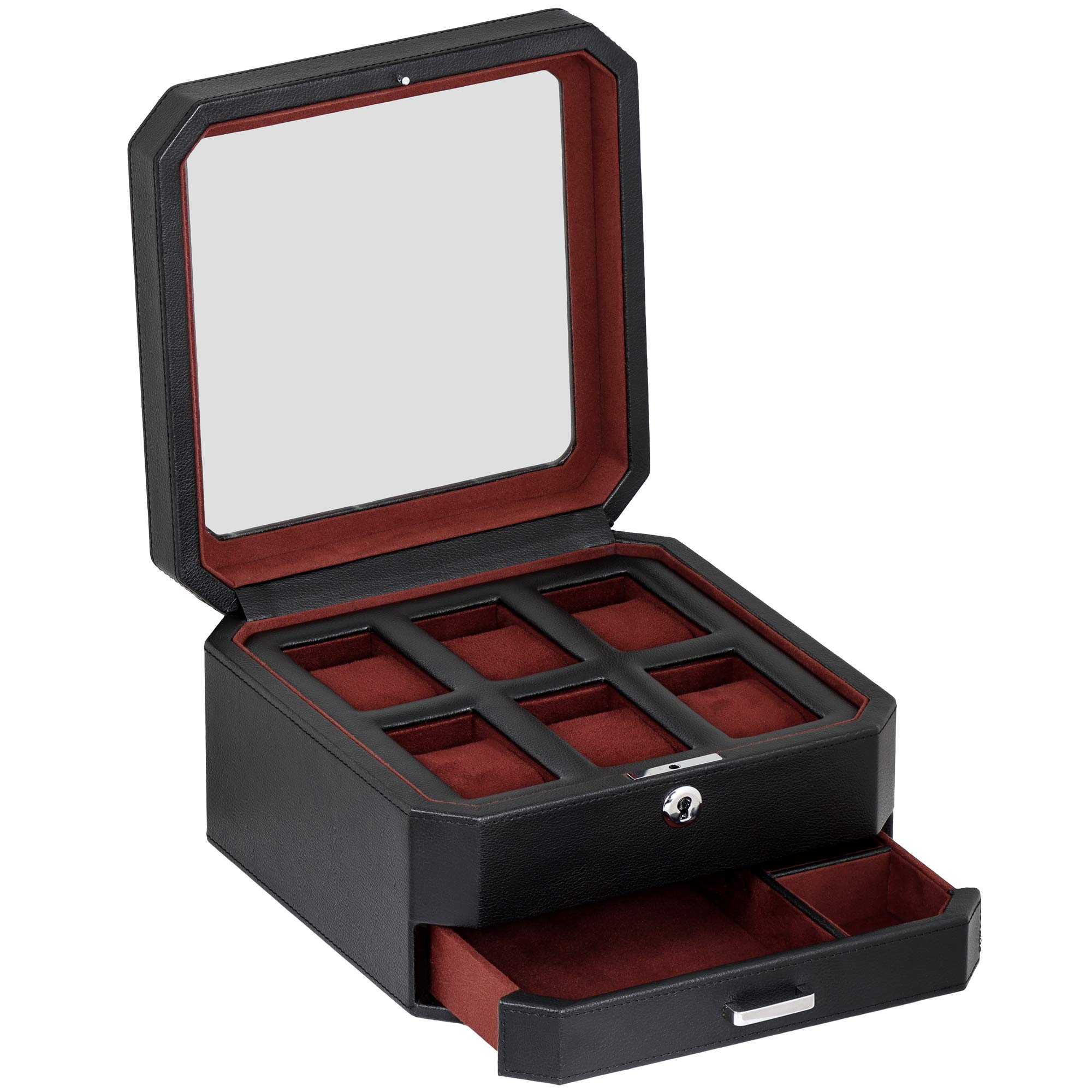 Premium ROTHWELL 6-Slot Leather Watch Box with Valet Drawer - Luxury Watch Display Case Organizer with Microsuede Lining & Locking Mechanism - Large Glass Top Jewelry Storage for Men (Black/Red) - Perfect for Watch Collectors, Gifts & Home Décor