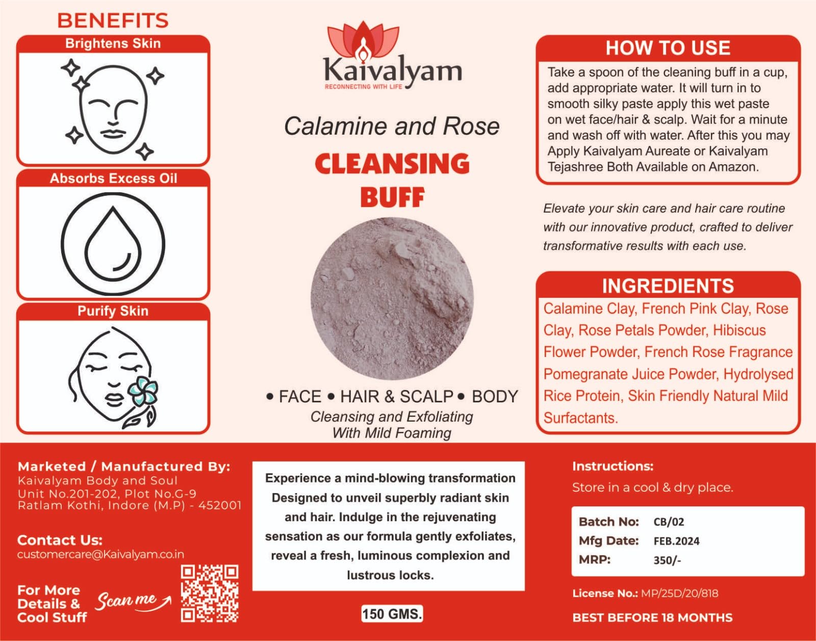 Kaivalyam Cleansing Buff Powder - Instant Quality Face Wash for Skin & Hair | Natural Body Scrub & Exfoliator | 150gm for Glowing Skin & Healthy Hair Care | Perfect for Daily Cleansing & Spa Days