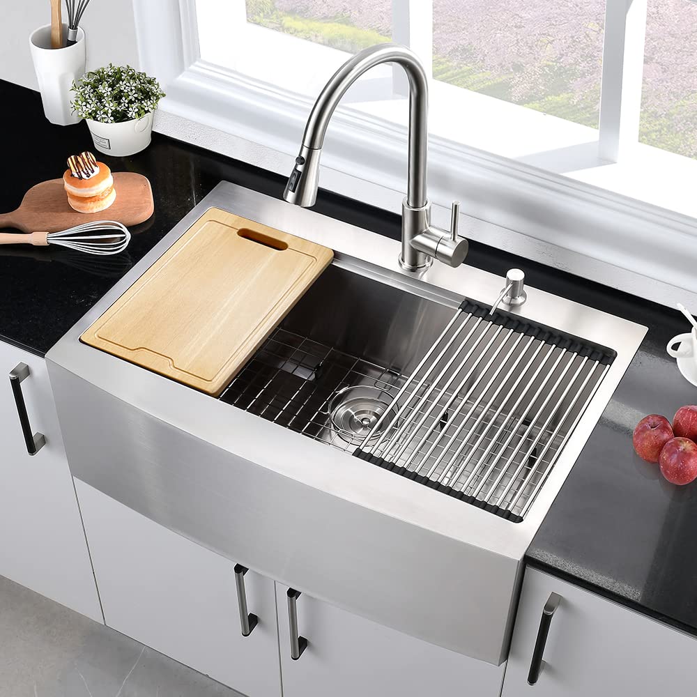 33 Inch Stainless Steel Drop-In Farmhouse Sink Workstation - 16 Gauge Deep Single Bowl Apron Front Kitchen Sink with Cutting Board - Perfect for Modern Farmhouse Kitchens & Food Prep Stations