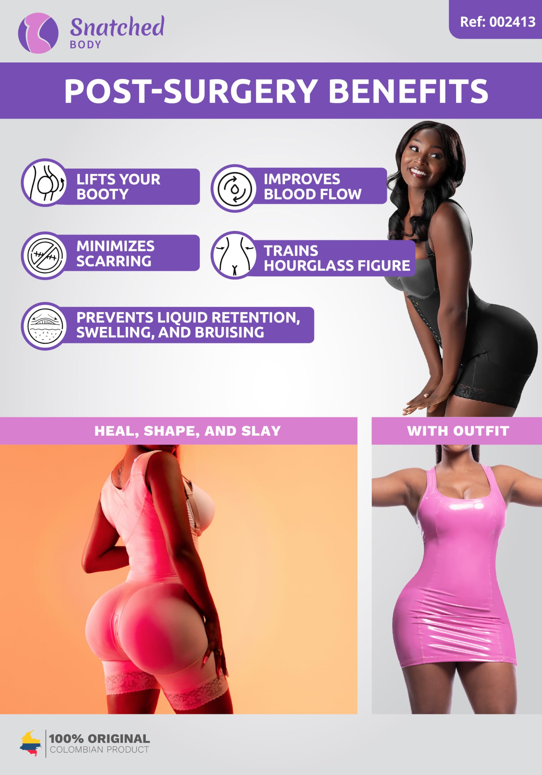 Snatched Body - Women's Stage 2 Colombian Faja Shapewear Without Bra - BBL Post Surgery Compression Garment - Waist Trainer & Body Shaper for Tummy Control - Perfect for Postpartum Recovery & Body Contouring