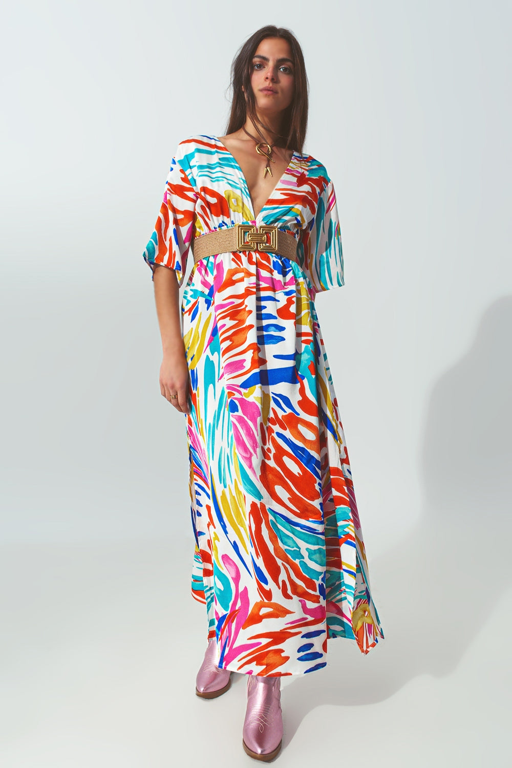 Elegant Long V-Neck Multicolor Print Robe - Perfect for Spa, Lounging & Relaxation at Home