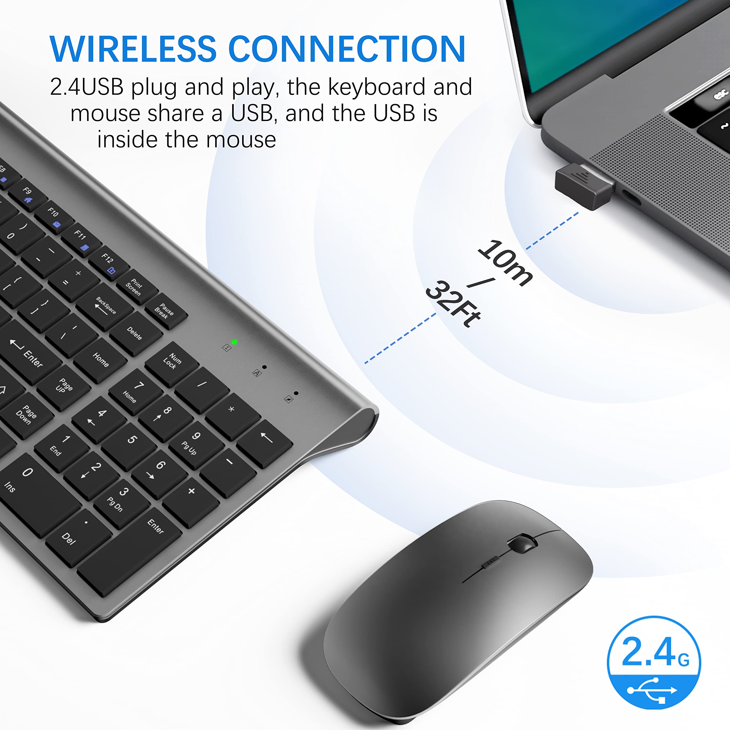 MOOJAY Ultra Slim Wireless Keyboard and Mouse Combo with Mouse Pad - 2.4G USB Quiet Scissor Switch Keyboard & Mouse Set with Protective Cover, Includes 2 AA & 2 AAA Batteries - Perfect for Laptop, PC, Windows (Gray Black) - Ideal for Home Office, Gaming & Remote Work