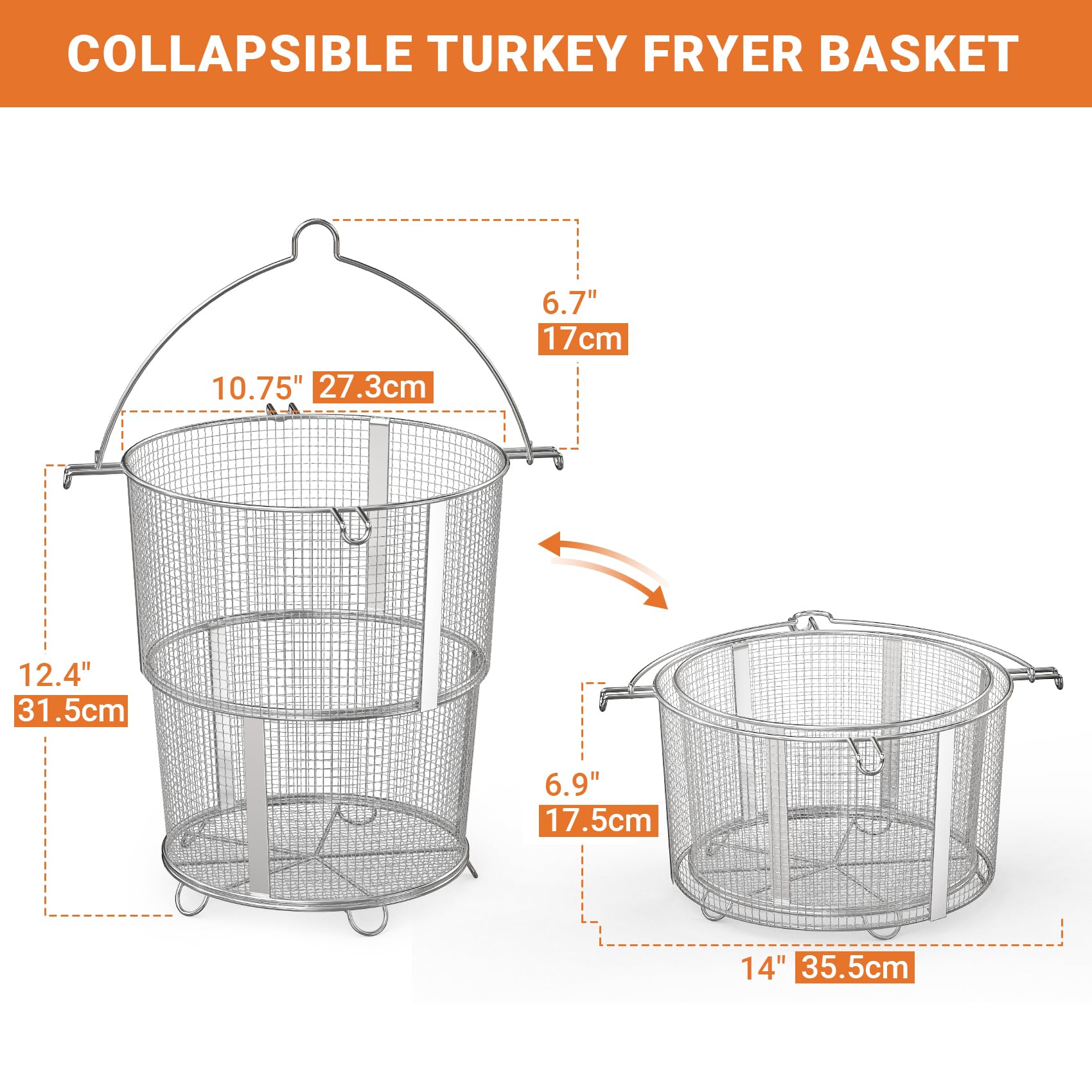 Onlyfire Detachable Foldable Turkey Fryer Basket - Compatible with Char-Broil Big Easy Oil-less Turkey Fryer Models 17102065 & 14101480 - Heavy Duty Deep Fryer Pot for Thanksgiving, Holiday Cooking and Outdoor BBQ Parties
