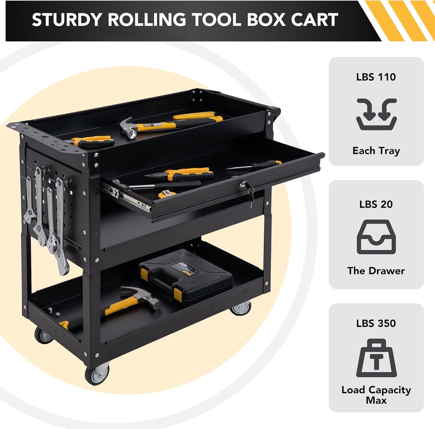Heavy Duty 3-Tier Rolling Tool Chest with Wheels - 330 LBS Capacity Industrial Utility Cart with Locking Drawers for Garage, Workshop & Warehouse | Perfect for Mechanics, Contractors & DIY Home Repairs