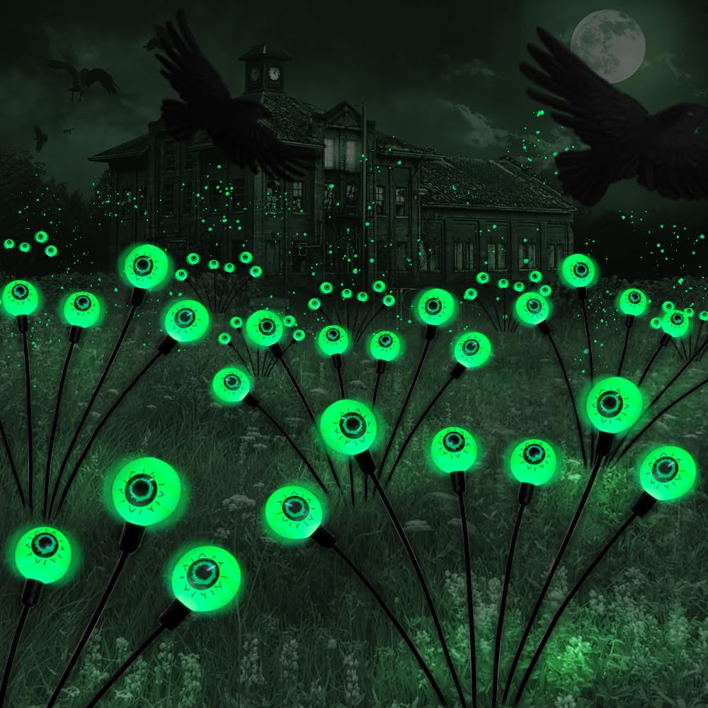 Outdoor Solar Halloween Decorations - 2 Pack 12 LED Green Scary Eyeball Lights, Waterproof Swaying Firefly Path Lights for Yard, Garden, Lawn & Party - Perfect for Spooky Halloween Night Decorations & Haunted House Themes