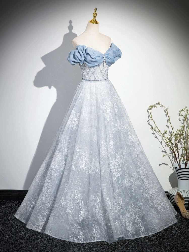 Elegant Off Shoulder A-Line Tulle Lace Beaded Long Prom Dress - Royal Blue Formal Gown for Homecoming, Quinceañera & Evening Parties