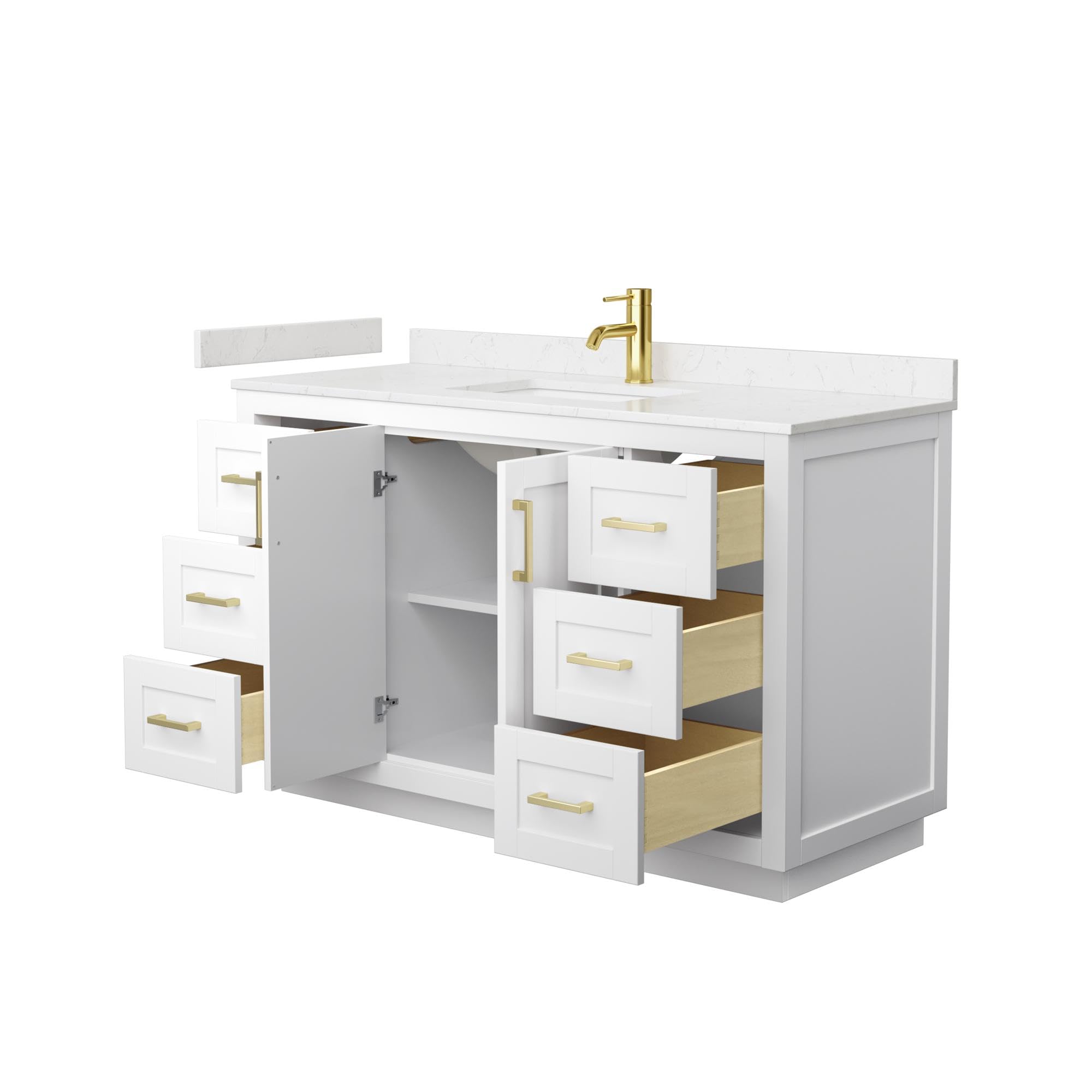 Wyndham Collection Miranda 54 Inch White Bathroom Vanity with Light-Vein Carrara Cultured Marble Countertop, Undermount Square Sink & Brushed Gold Trim - Perfect for Modern Master Bathrooms & Guest Suites