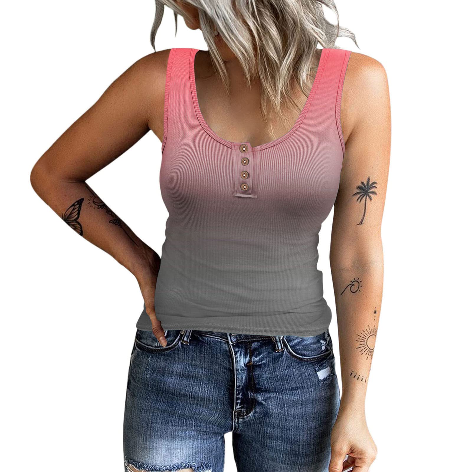 MOKINGTOP Women's Sexy Gradient Slim Fit Workout Tank Top - Low Collar Button Down Sleeveless Blouse for Gym, Yoga & Casual Wear