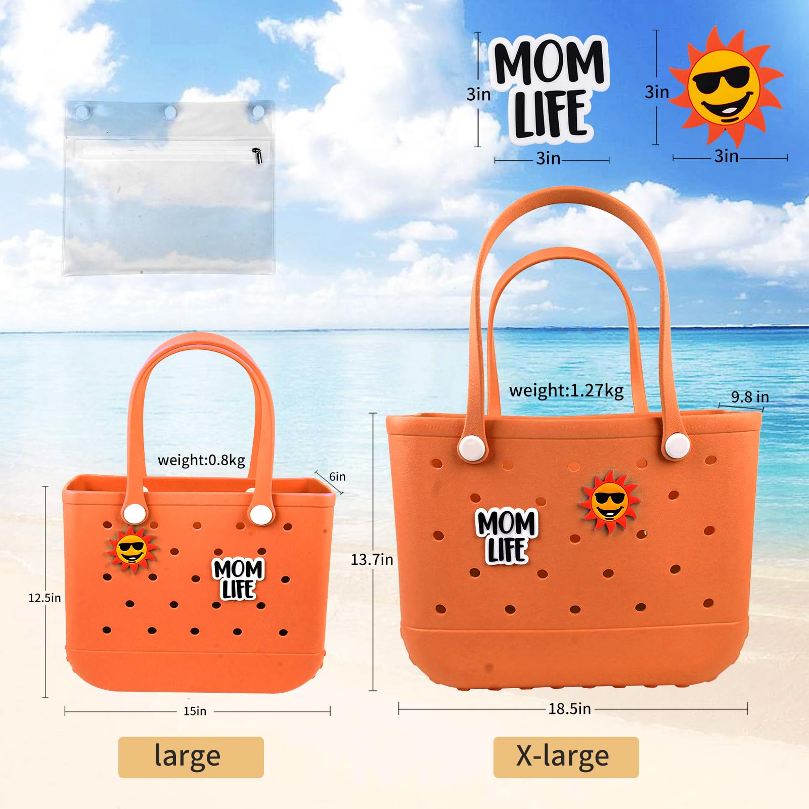Waterproof Washable Durable Rubber Beach Tote Bag with Zipper Pocket & Phone Pouch - Large Open Purses for Pool, Boat, Beach & Travel (White X-Large/Orange Large) - Perfect for Summer Vacations, Swimming & Outdoor Activities