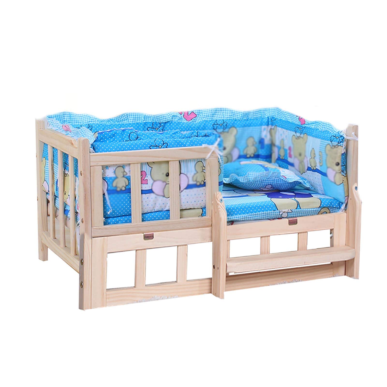 Elevated Cooling Dog Bed for Indoor & Outdoor Use - XL Blue Wooden Pet Cot with Detachable Soft Mattress for Puppy, Medium & Large Dogs - Perfect for Patio, Yard, or Living Room