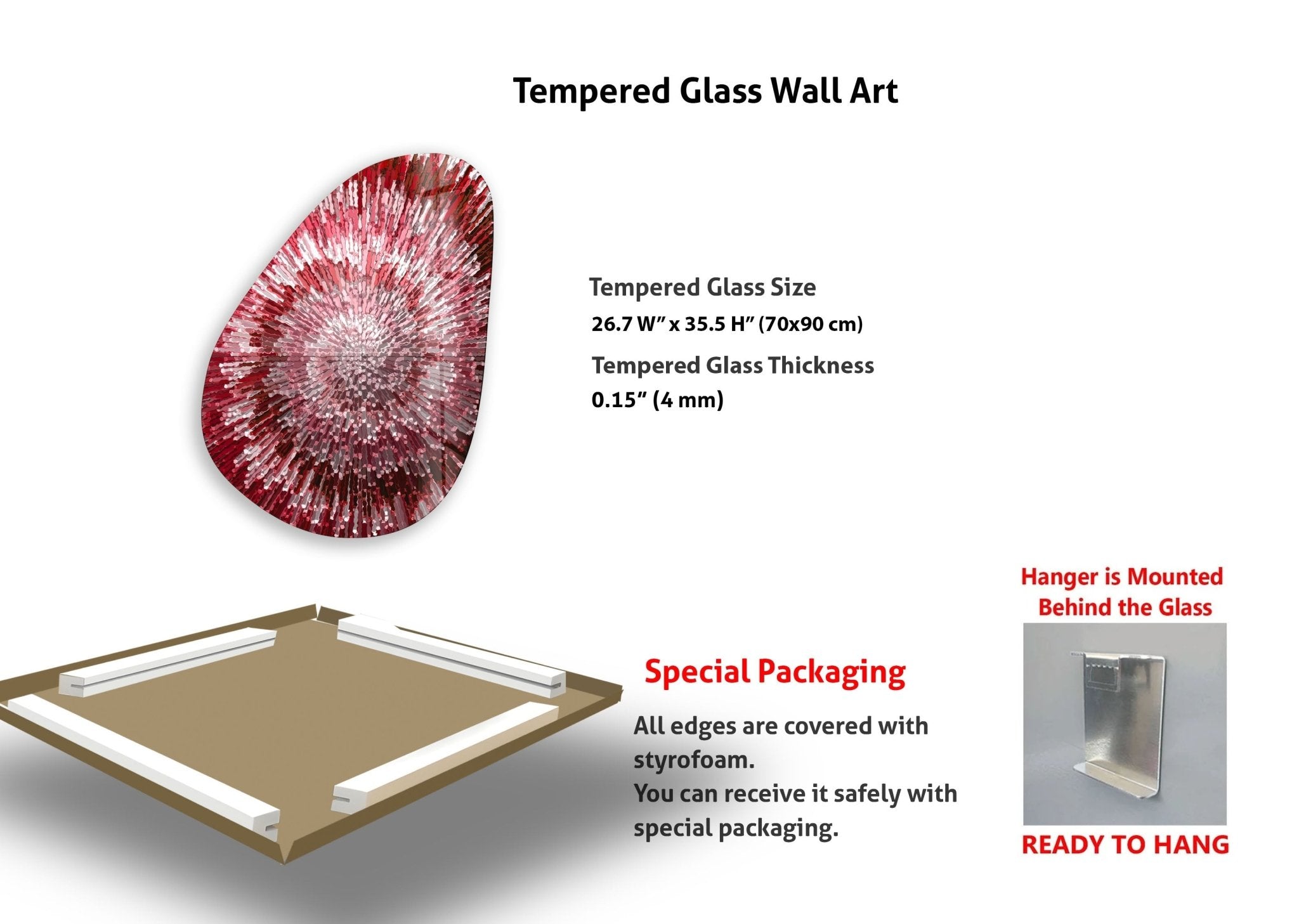 Abstract Red Asymmetrical Oval Glass Wall Art - Modern Home Decor for Living Room, Bedroom & Office