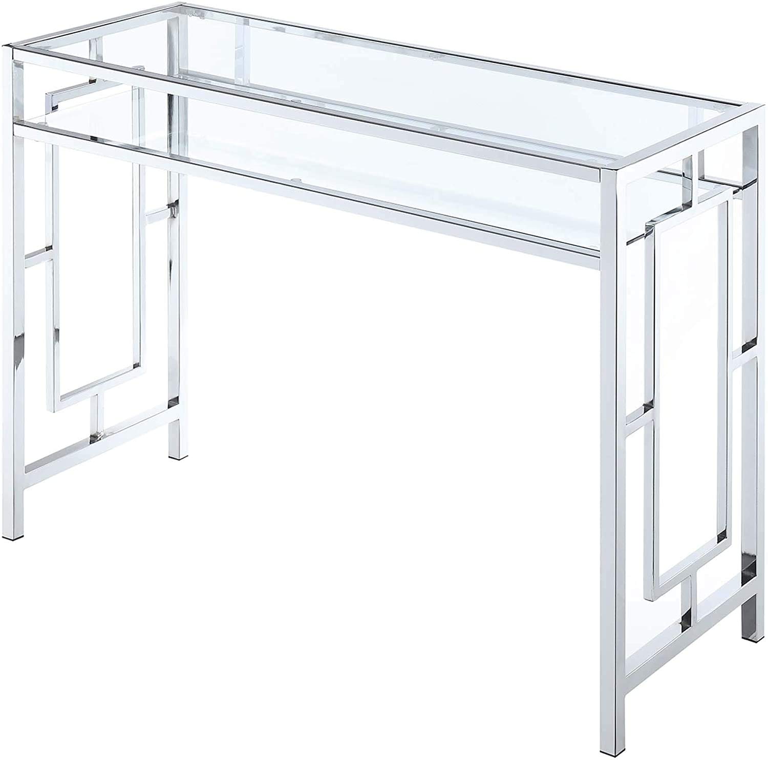 Convenience Concepts Town Square Chrome Desk with Shelf - Clear Glass Top & Chrome Frame - Modern Home Office Desk for Small Spaces, Workstations & Dorm Rooms