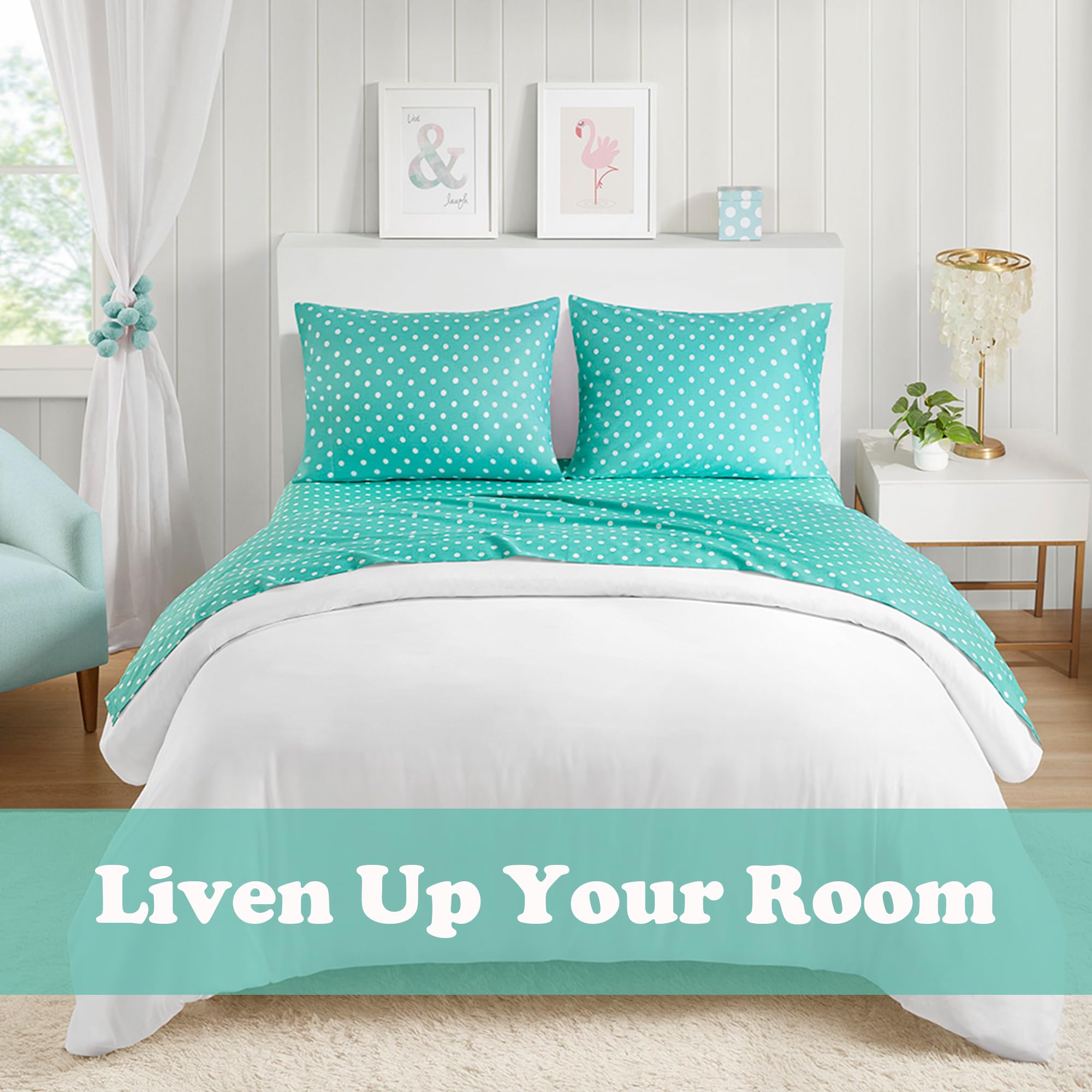 Mi Zone Seafoam Twin Size Sheet Set - 100% Cotton Percale Soft Bedding for Kids & Girls, Polka Dot Design - Includes Flat Sheet, Fitted Sheet (Fits 14