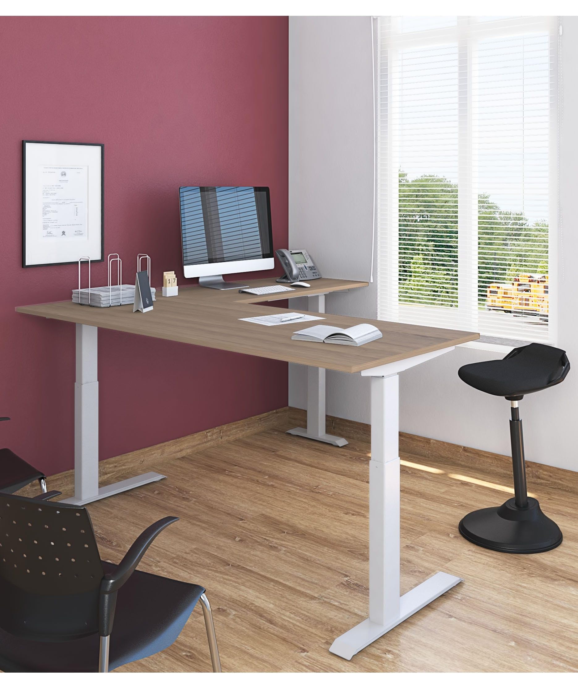 Triple Motor Electric L-Shaped Corner Standing Desk - White Frame with Natural Walnut Top (71