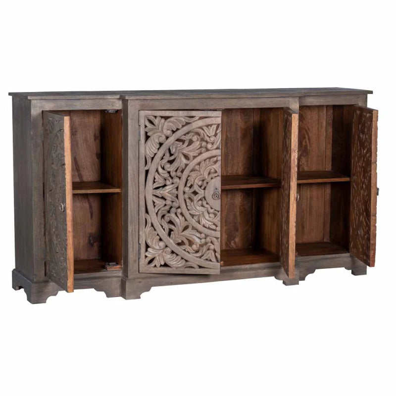 Hand Carved Rustic Wooden Sideboard with Carved Doors - Boho Chic Storage Cabinet for Living Room, Dining Room & Entryway Organization