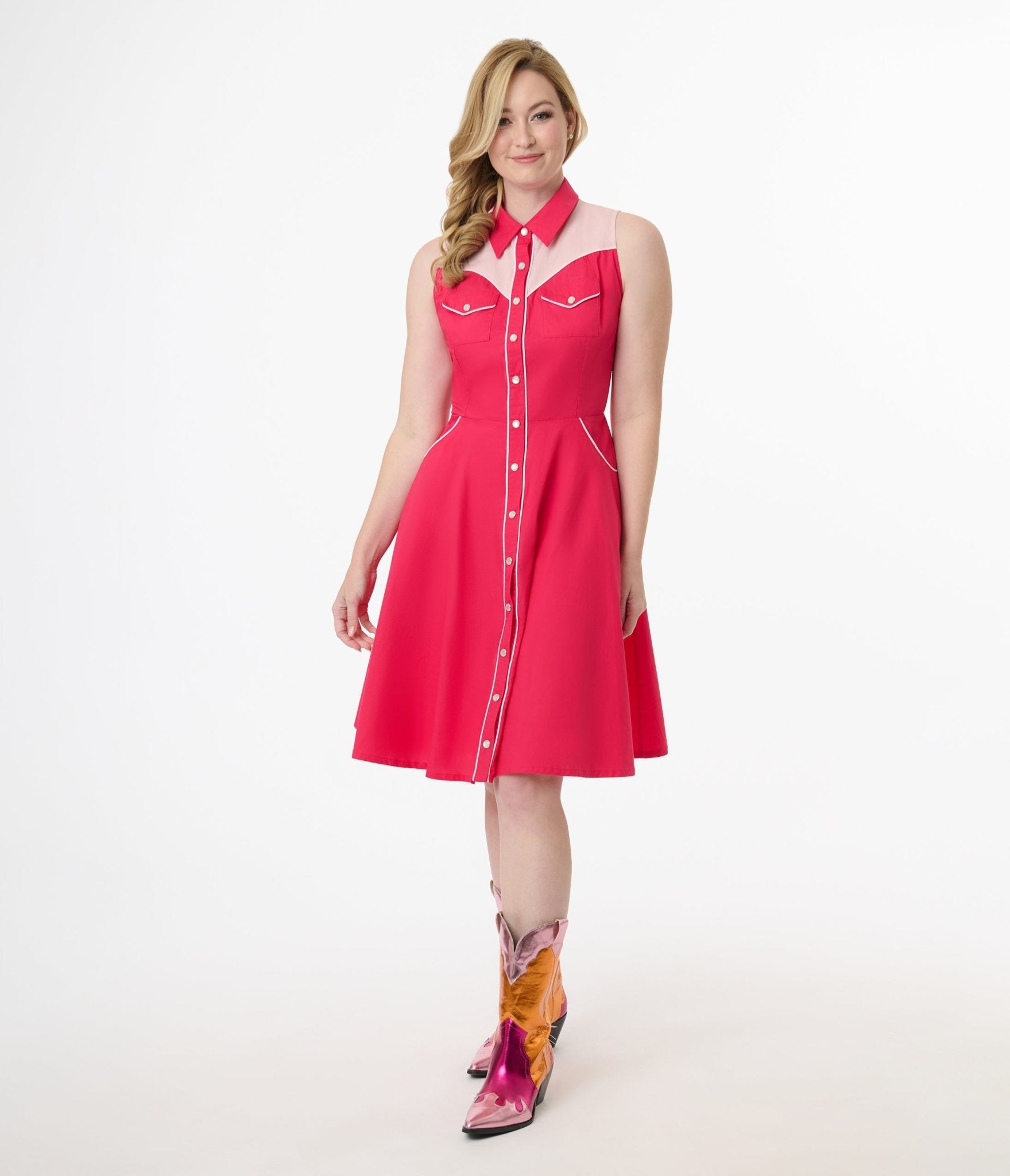 Vintage 1950s Pink Western Cotton Flare Dress - Retro Cowgirl Style for Women | Perfect for Country Music Festivals, Rodeos & Western Themed Parties