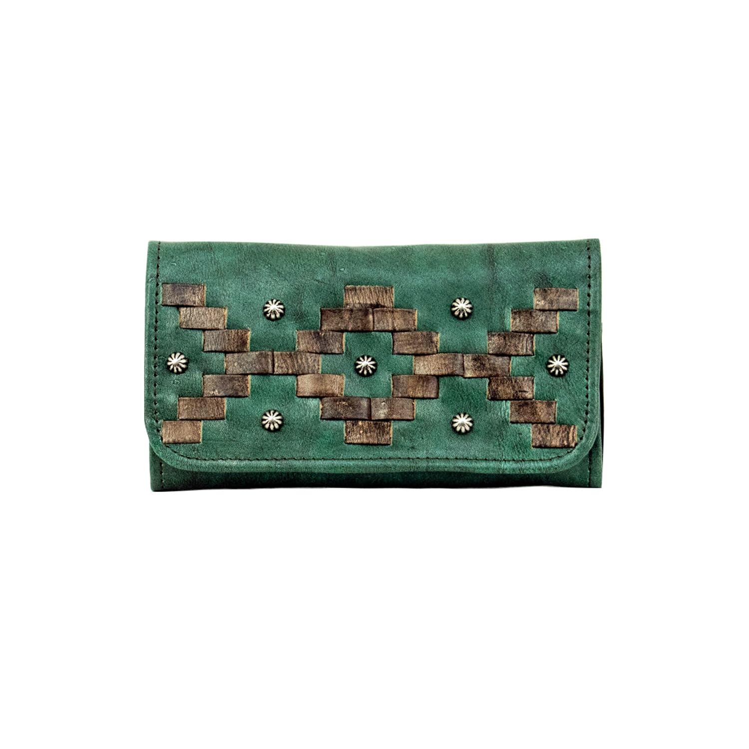 American West Leather Tribal Weave Women's Tri-Fold Wallet - Handmade Genuine Leather with Marine Turquoise Accents | Perfect for Everyday Use, Travel & Gift Giving