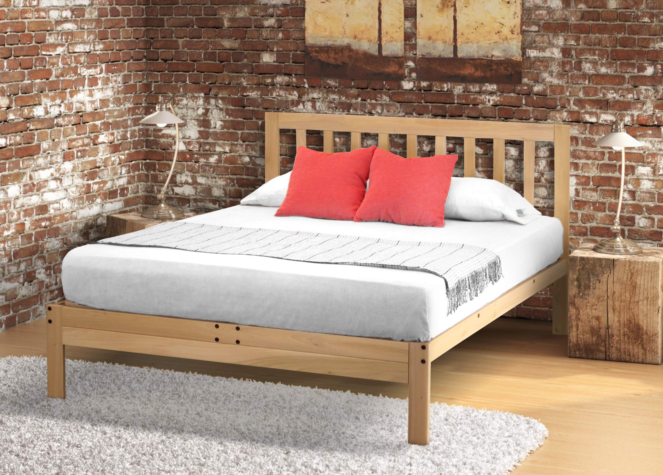 KD Frames Charleston Full Size Platform Bed Frame - Solid Unfinished Wood Minimalist Bed with Slatted Headboard - No Box Spring Needed, Easy Assembly - Natural Wood Bedroom Furniture for Modern & Farmhouse Decor
