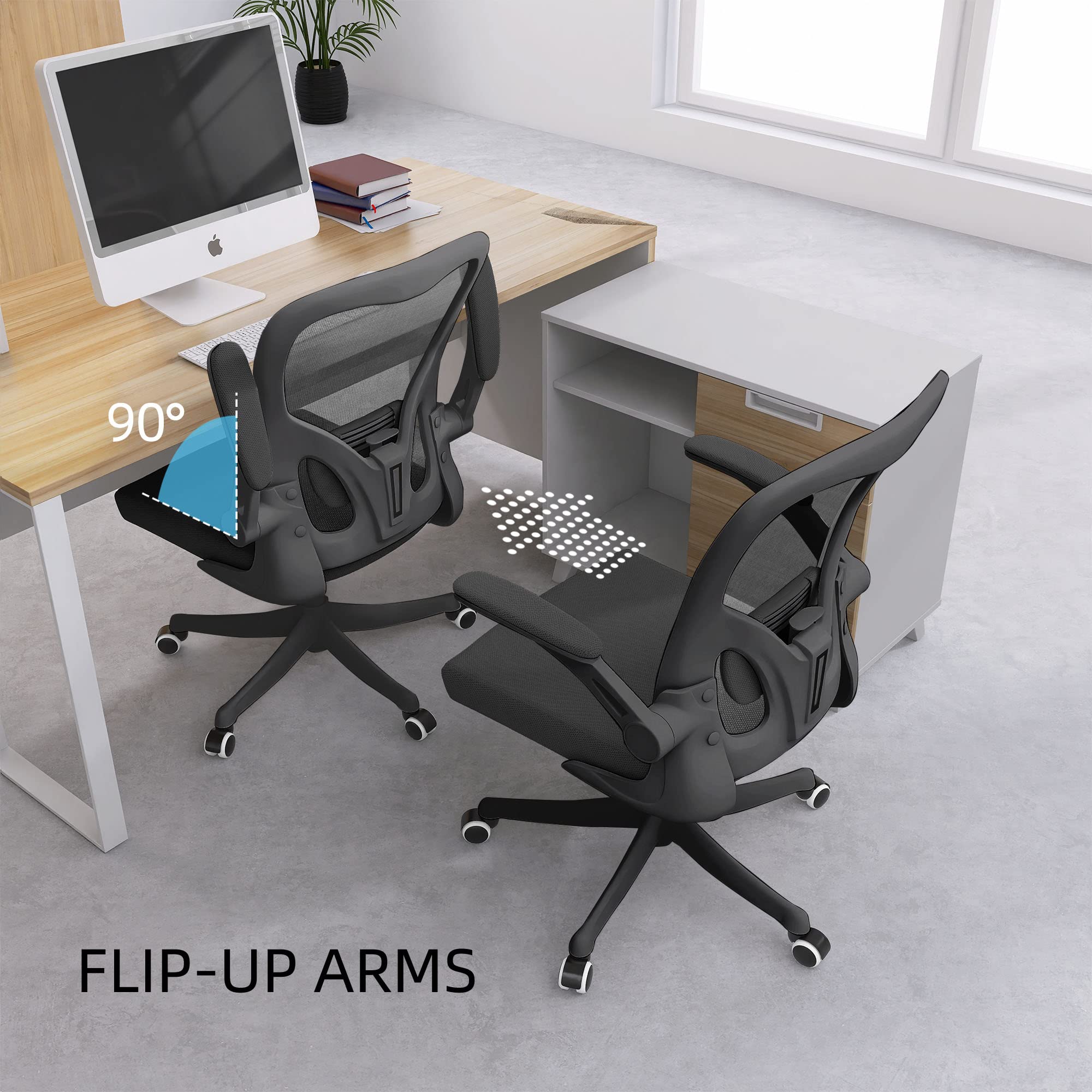 Ergonomic Office Chair with Lumbar Support - Adjustable Height & 2D Flip-Up Arms - Breathable Black Mesh Desk Chair for Home Office, Study & Gaming - Perfect for Long Work Hours & Online Meetings