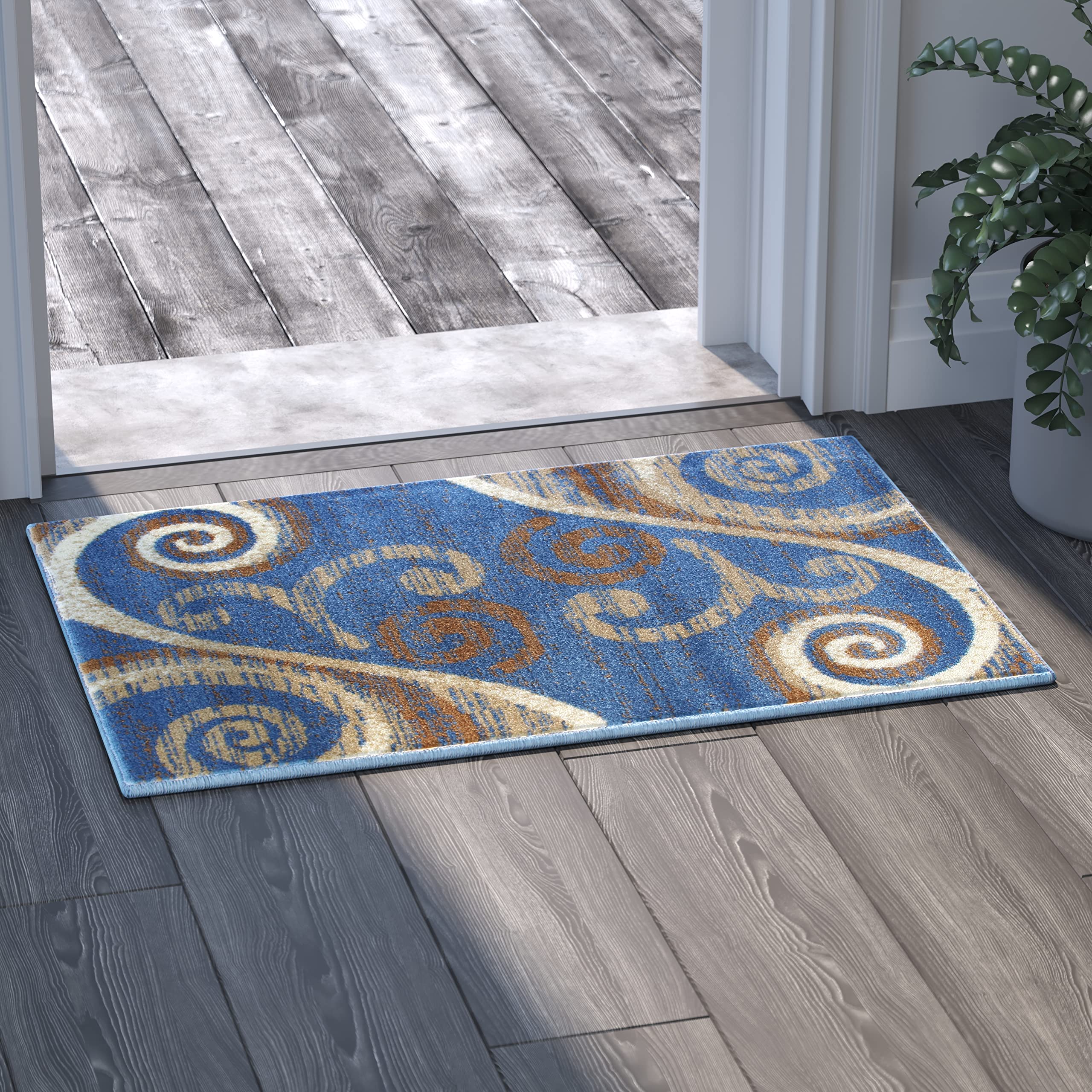 EMMA + OLIVER Blue Swirl Pattern Olefin Accent Rug 2x3 - Plush Pile, Stain & Moisture Resistant, Easy Care with Jute Backing - Perfect for Living Room, Bedroom or Office Decor