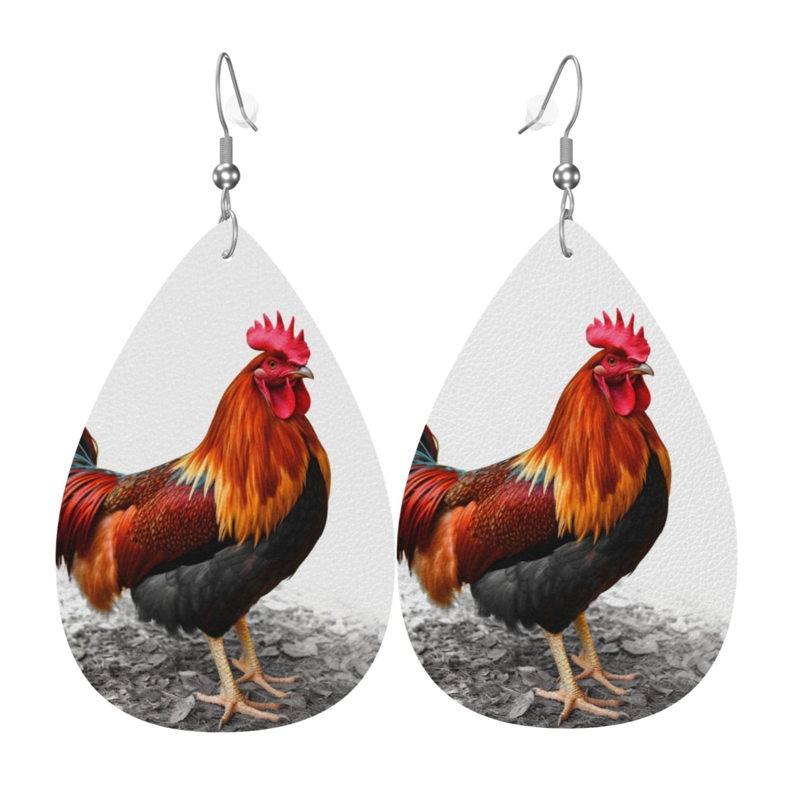 Vintage Lightweight Leather Teardrop Dangle Earrings for Women - Rooster Print Chicken Design, One Size, No Gemstone - Perfect for Boho Fashion, Country Style & Western Outfits
