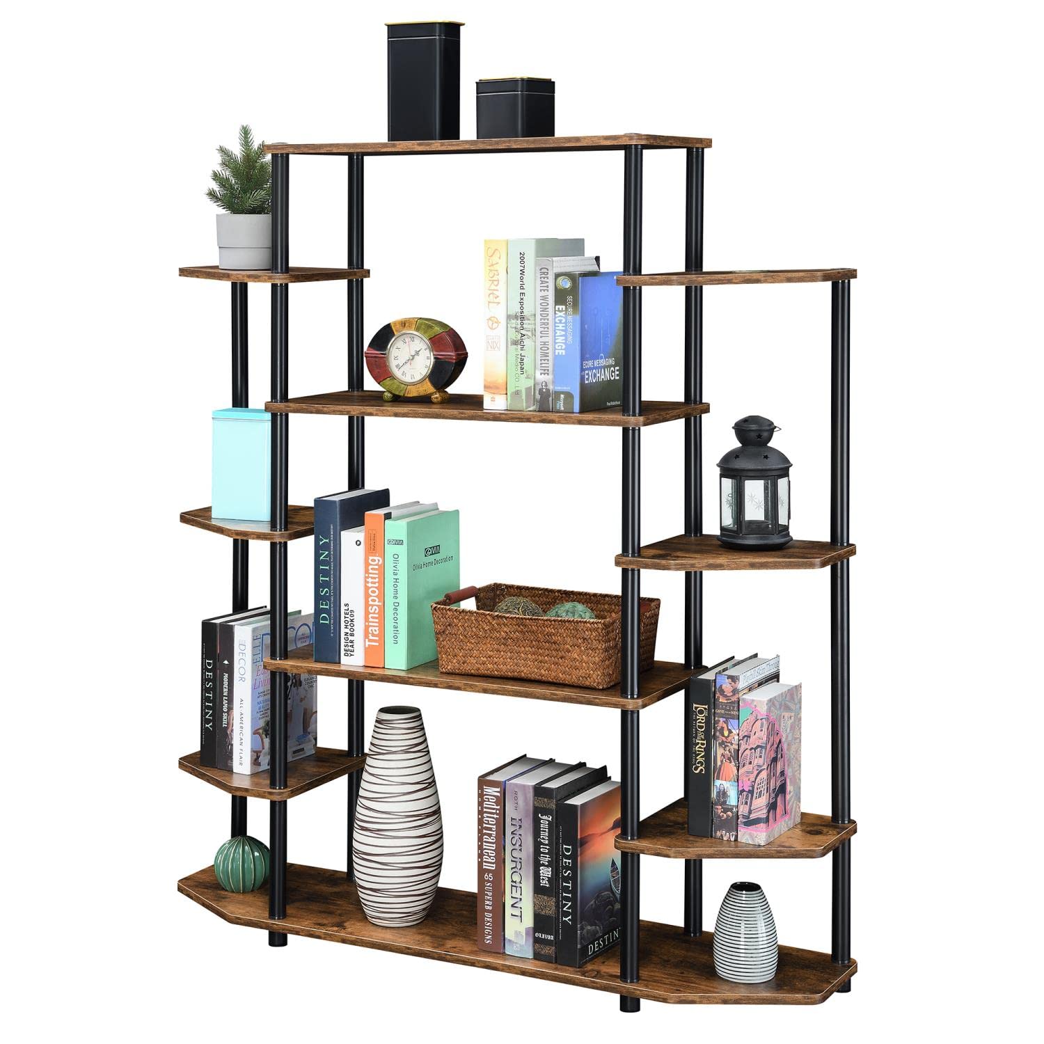 Convenience Concepts Designs2Go No Tools Book Shelf - Contemporary Storage Shelves for Display, 10 Spacious Shelves for Living Room, Office, Barnwood/Black Poles - Perfect for Home Decor, Books, and Collectibles
