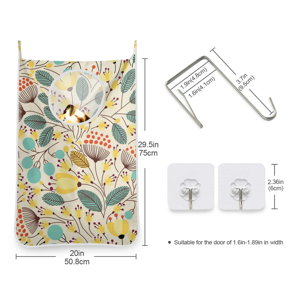 Floral Hanging Laundry Bag with Stainless Steel Hooks - Ballerina Feather Design Wall Mounted Clothes Hamper for Bedroom, Bathroom & Laundry Room Organization