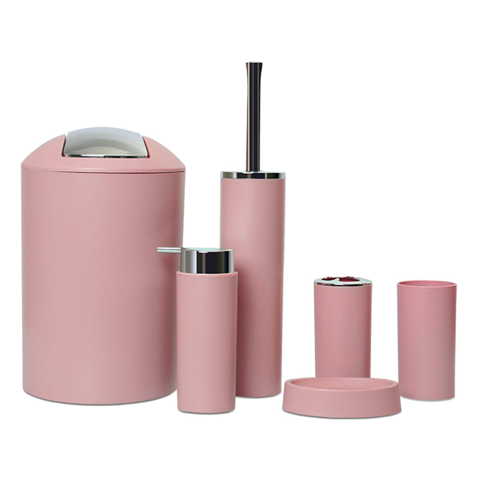 FETION 6-Piece Bathroom Accessory Set - Toilet Brush, Waste Bin, Soap Dish, Toothbrush Holder, Soap Dispenser & Rinse Cup in Pink | Modern Bathroom Organization | Perfect for Small Bathrooms, Apartments & Guest Baths