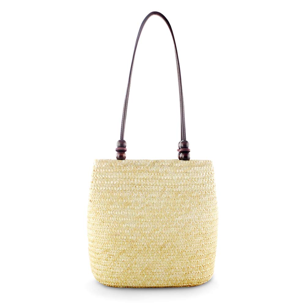 Vintage Handwoven Rattan Straw Beach Tote Bag for Women - Retro Bucket Shoulder Bag with Brown Bead Accents (Beige) | Perfect for Summer Vacations, Pool Parties & Boho Fashion Accessories