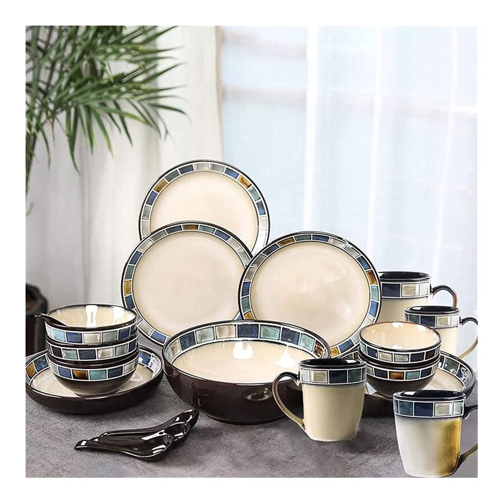 Vintage Stoneware Dinnerware Set - 16-Piece Retro Kitchen Plates, Bowls & Mugs - Handcrafted Reaction Glaze Ceramic Dish Set - Oven & Dishwasher Safe - Perfect for Family Dinners, Restaurant-Style Serving & Cozy Coffee Mornings