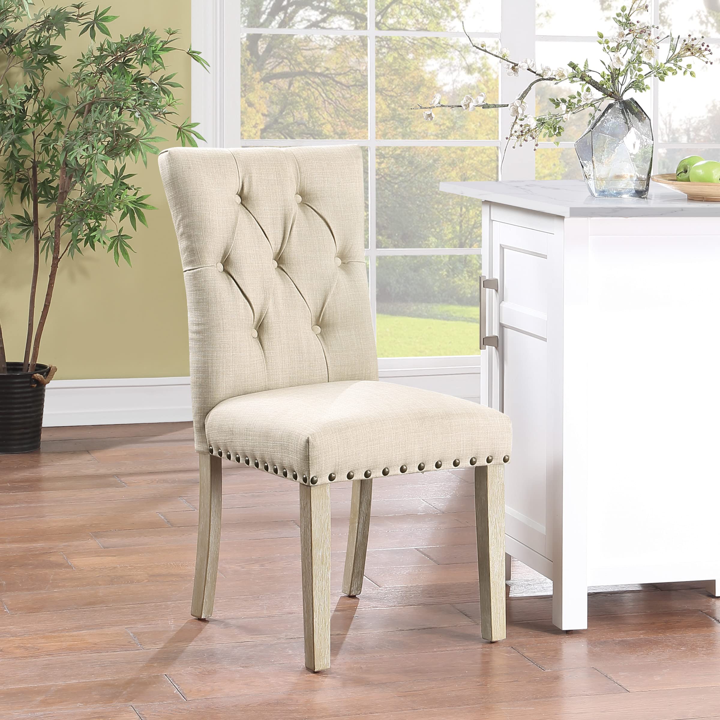 OSP Home Furnishings Preston Dining Chairs 2-Pack - Button Tufted Back, Antique Bronze Nailhead Trim, Durable Burlap Fabric - Perfect for Dining Room, Kitchen, or Breakfast Nook