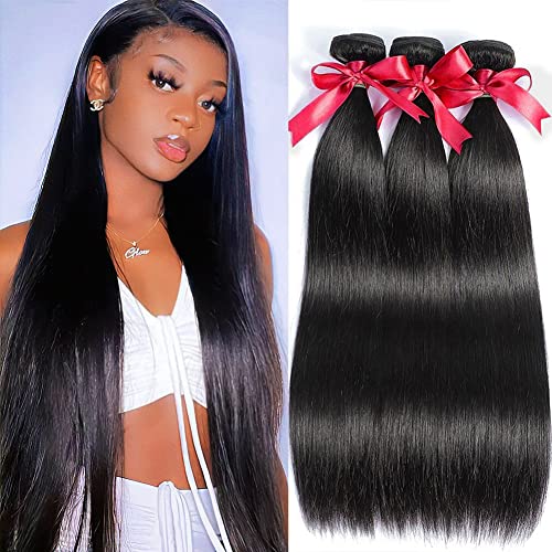 TREYONCE 100% Brazilian Human Hair Bundles - 3 Bundles 10A Unprocessed Straight Weave Hair Extensions (14,16,18 Inch, Black) for Styling, Lengthening & Volume | Perfect for Daily Wear, Parties & Special Occasions
