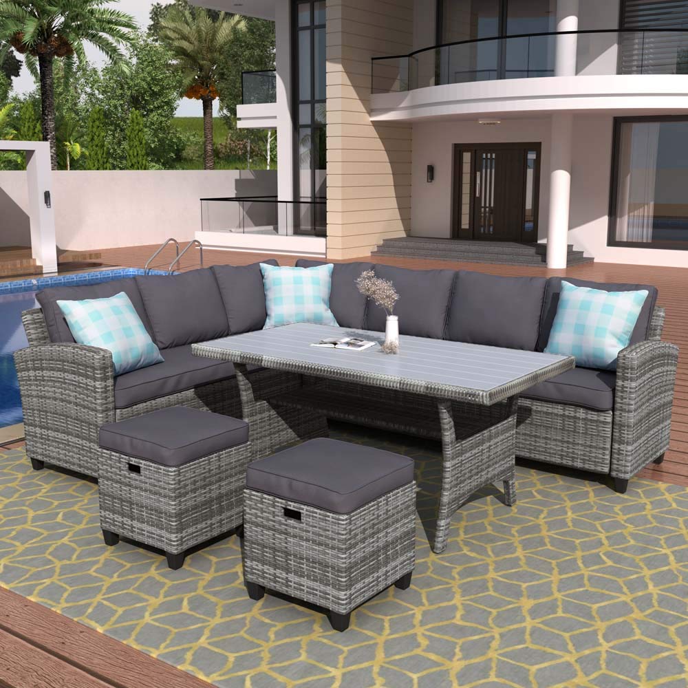 Fuara 5-Piece Patio Furniture Set - All-Weather Wicker Outdoor Sectional Sofa with Ottoman, Dining Table, Chairs & Throw Pillows (Grey) - Perfect for Backyard, Garden, Poolside & Deck Relaxation