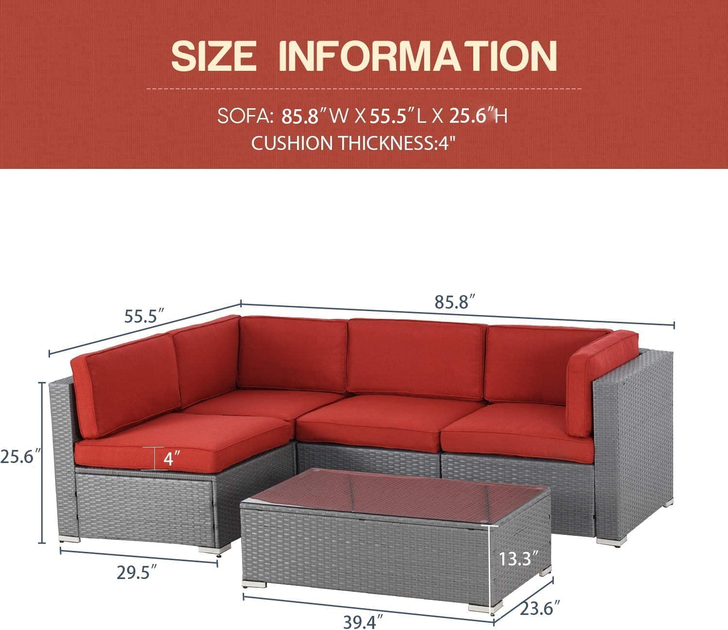 5-Piece All-Weather Outdoor Patio Furniture Set - Grey Wicker Sectional Sofa with Glass Coffee Table & Red Cushions - Perfect for Garden, Poolside, and Backyard Relaxation