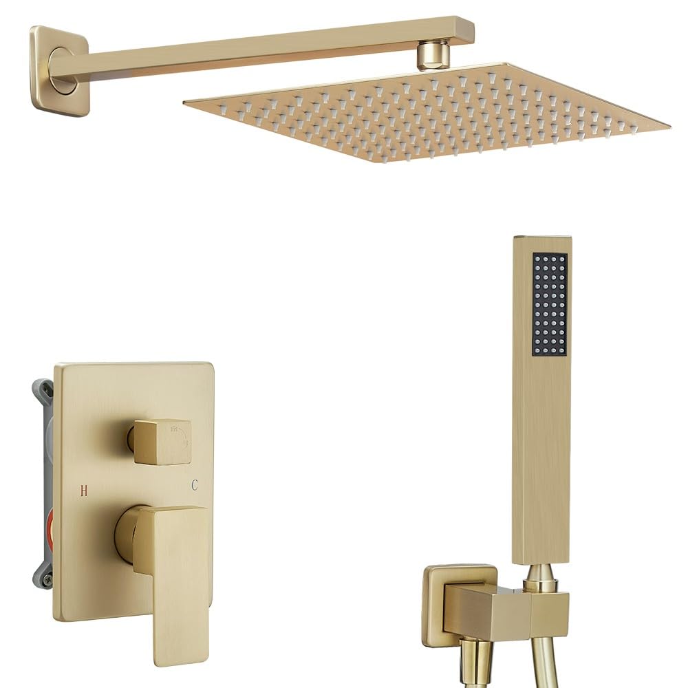 High Pressure 10 Inch Shower Faucet Set with Handheld Spray & Rough-in Valve - Brushed Gold Finish for Bathroom & Shower Room | Perfect for Modern Home Spa Experience & Water Saving