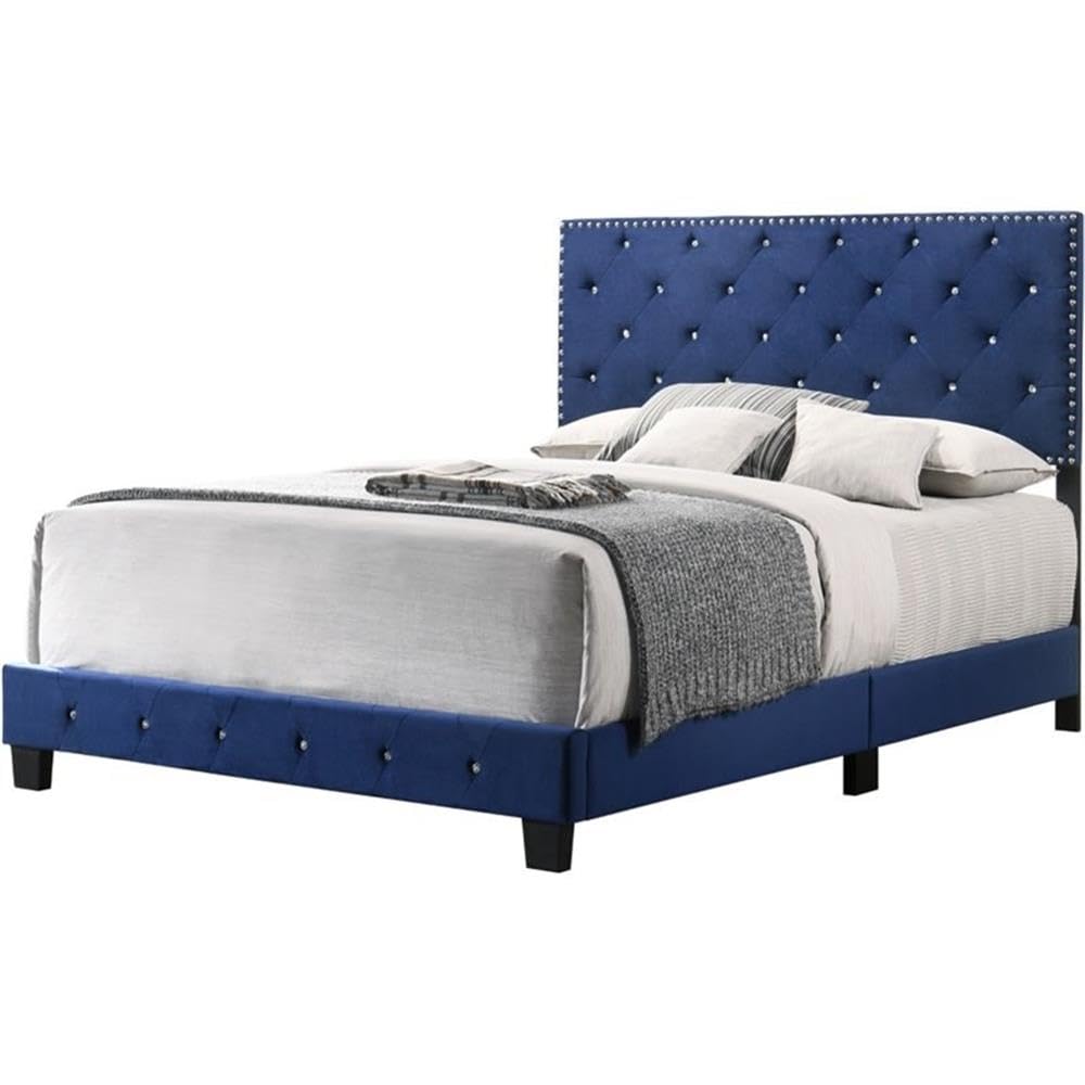 Glory Furniture Suffolk Velvet Upholstered Queen Bed Frame in Navy Blue - Luxurious Bedroom Furniture for Master Bedroom & Guest Room
