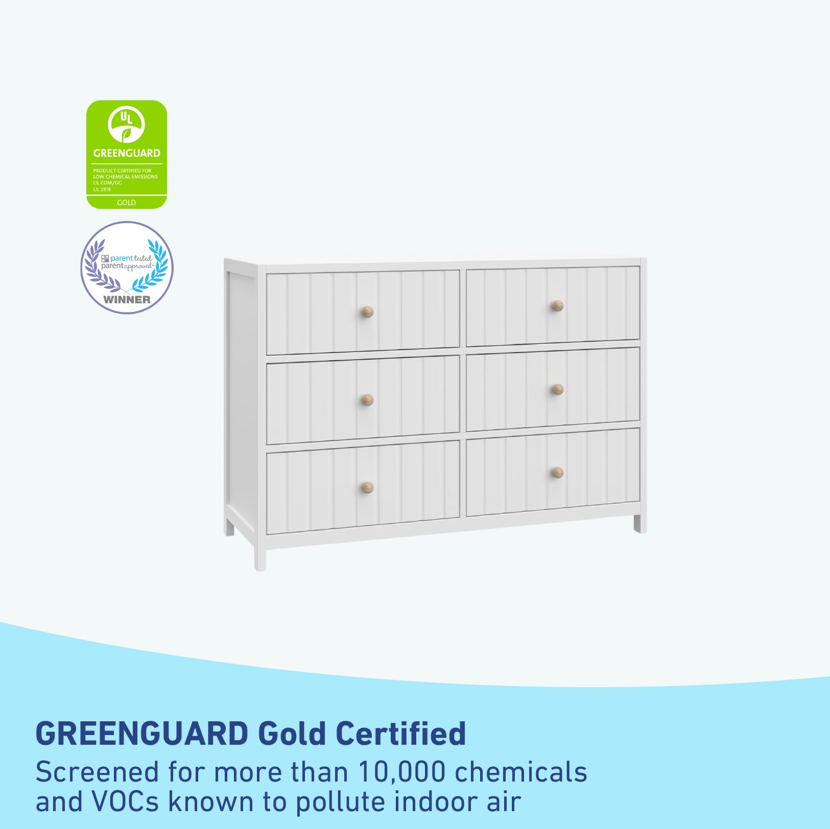 Graco Teddi 6-Drawer Double Dresser in White | GREENGUARD Gold Certified Nursery Furniture with Interlocking Drawer System & Pre-Installed Tracks | Includes 2 Knob Sets for Customization | Perfect for Baby Rooms, Kids Bedrooms & Nursery Storage Solutions