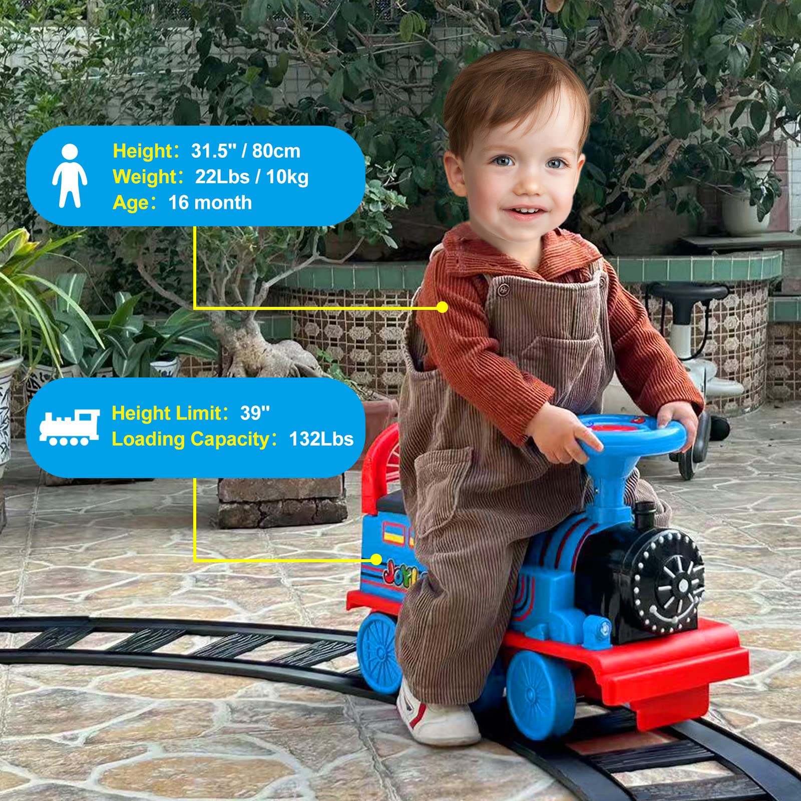 JOYLDIAS 6V Electric Ride On Train Toy for Kids - 16pcs Curved Tracks, LED Lights & Horn, Storage Basket, Retractable Foot Pedals - Best Gift for Toddlers Under 39 Inches (Blue) | Perfect for Indoor Playrooms & Backyard Fun