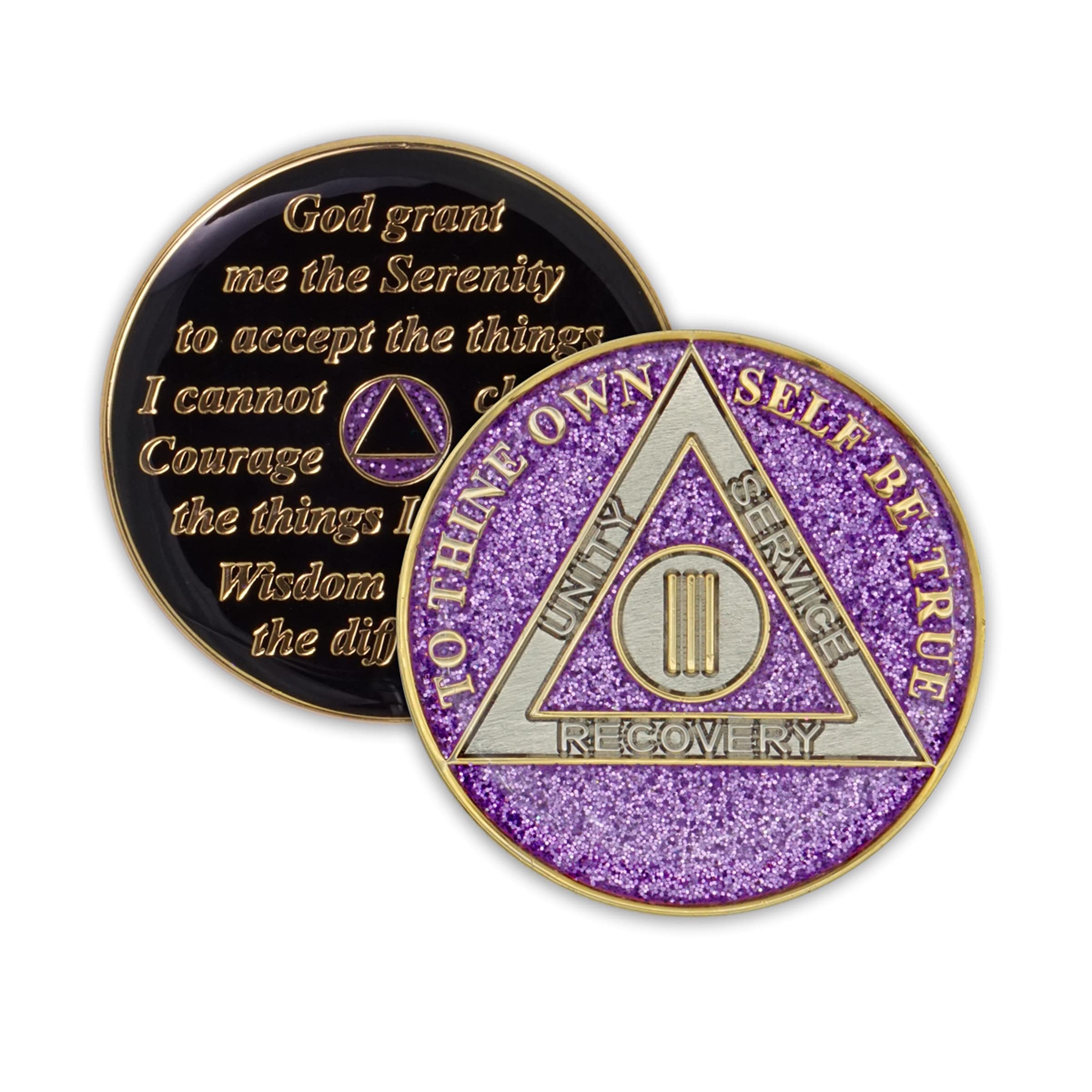 3 Year Sobriety Coin - Glitter Triplate AA Chip Recovery Anniversary Token (Purple) | Celebrate Sobriety Milestones, AA Meetings & 12-Step Programs | Perfect for Gifts, Medallions & Addiction Recovery Support