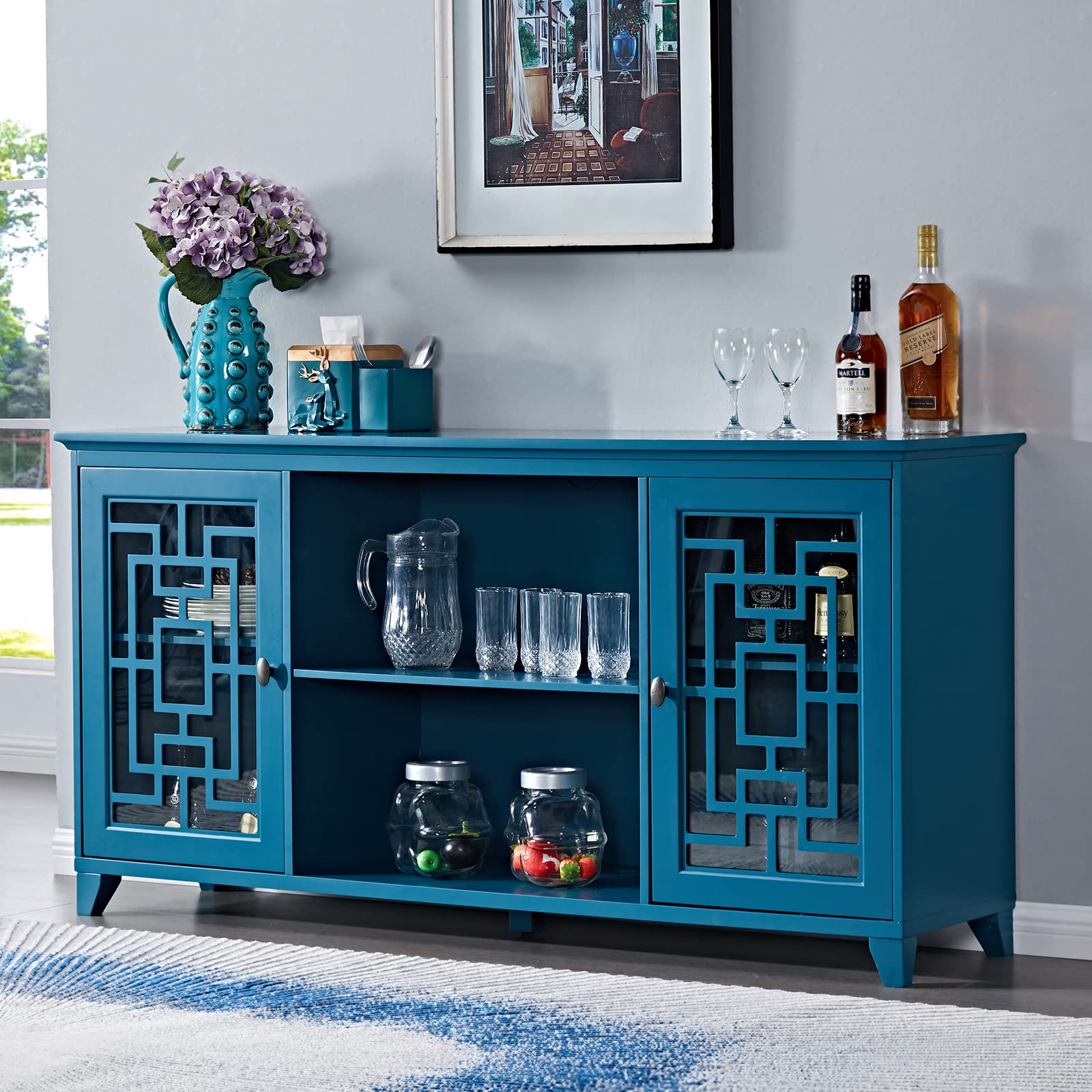 60 Inch Buffet Cabinet with Storage - Modern Sideboard with 2 Doors & Adjustable Shelf, Accent Storage Cabinet for Kitchen, Dining Room, Entryway or Living Room - Perfect for Holiday Entertaining & Daily Storage (Blue)